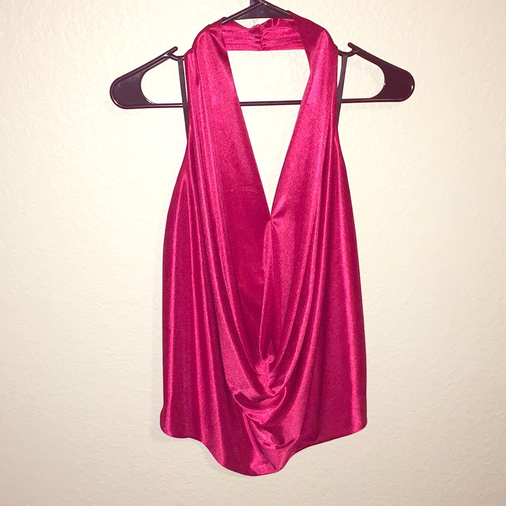 Red silky halter with front draping